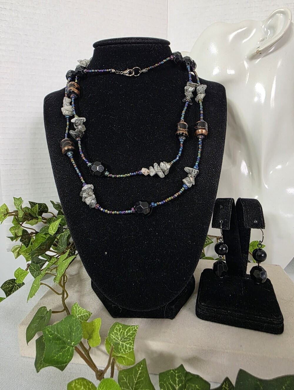 Boho Beaded Long Necklace Set Black & Gold Swirl Glass Tourmalated Quartz Chips